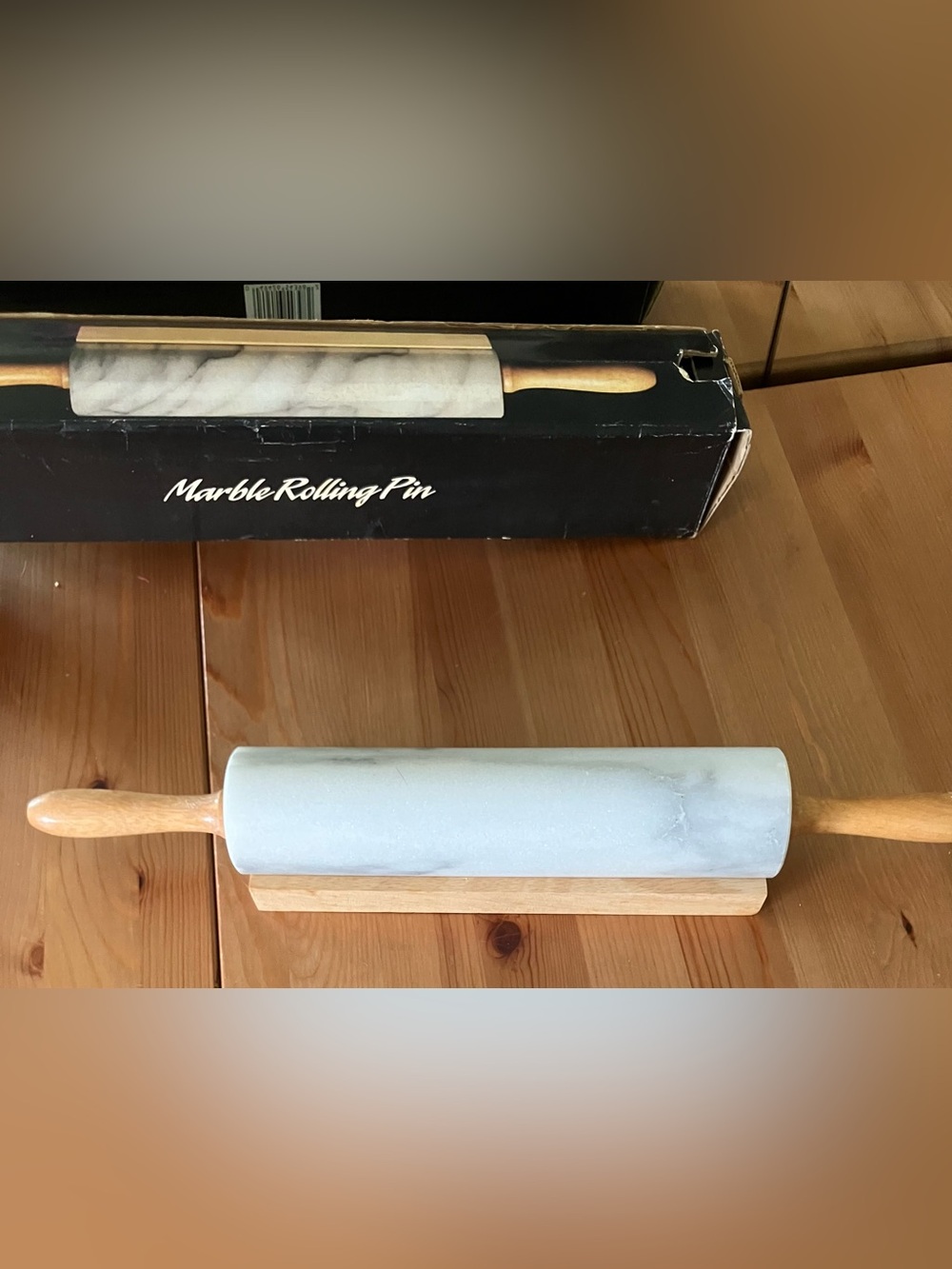 Never Used Himark Marble Rolling Pin with Wooden Handle and Stand 18” Vintage